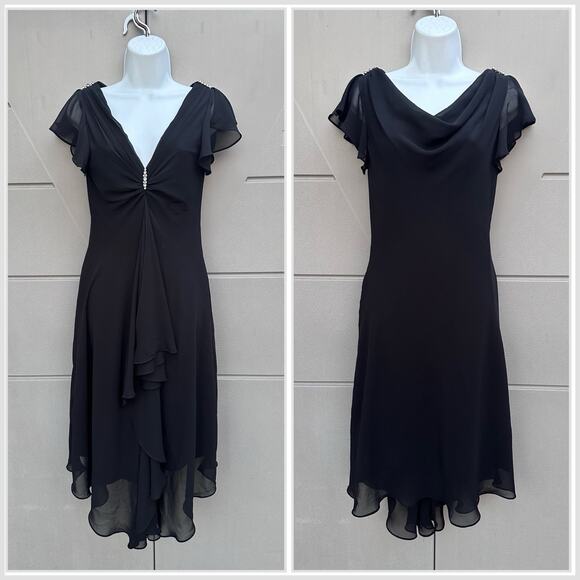 VTG'90s y2k Black Chiffon Draped Cocktail Slinky Midi Dress/Assimetrical Hem 6 - Picture 1 of 15